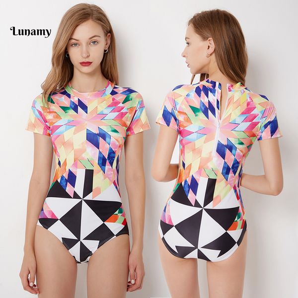 

lunamy s-2xl short sleeves swimwear one piece swimsuit women swim beachwear retro print bodysuit 2019 floral bathing suit, White;black
