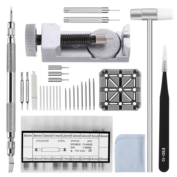 Assista Band Strap Tool Kit, 98 Em 1 Removedor de Ligação, Ferramenta de Barra de mola Com Extra 72 Pcs pinos, 15 Pcs Cotter Pin, 1 Pcs Titular, 1 Pcs Cabeça Ha