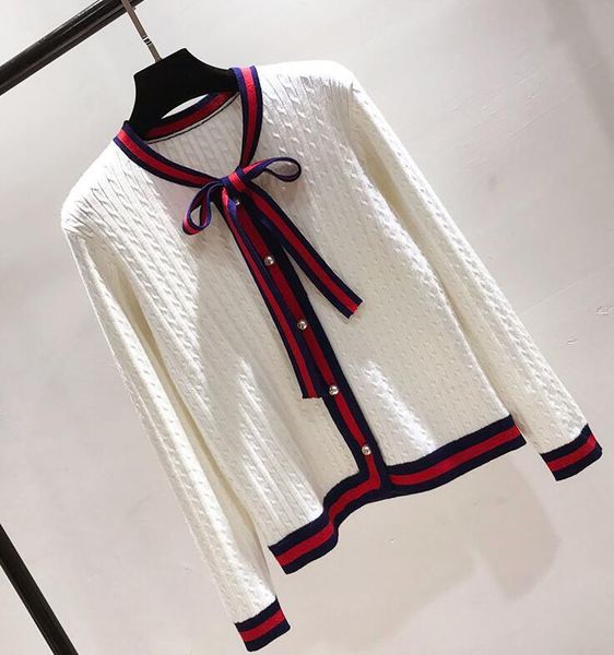 

2019 fashion branded весна вязаные кардиганы женщины лук twist pearl боттон нашивки край свитер черный белый красный размер s-l, White;black