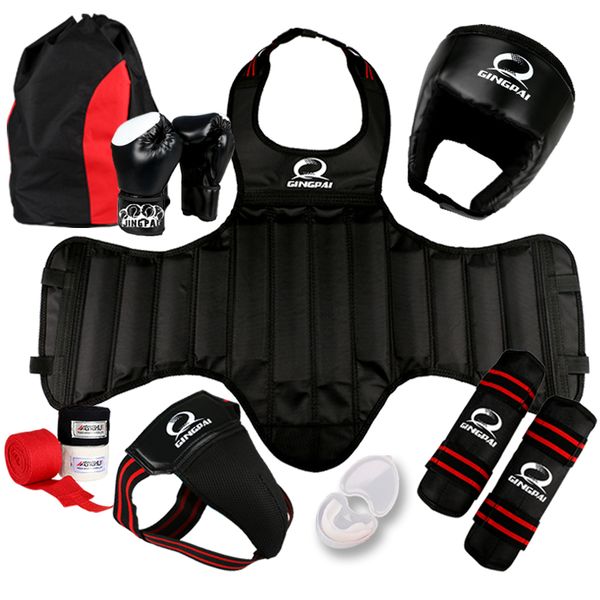 

gingpai sanda gear combination suit 1 set 8pc helmet/teeth guard/chest guard/leg guard/handwraps/boxing gloves/jocksrap/bag, Black;blue
