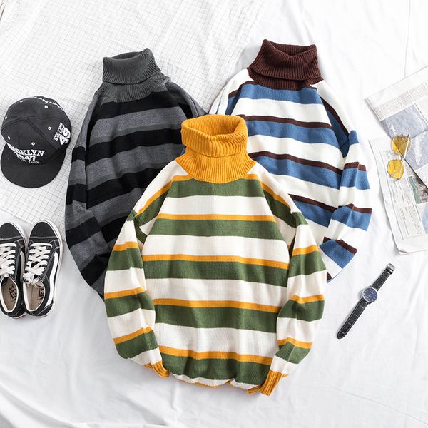 

side strip color match men's turtleneck sweater men and women pullover ugly christmas sweaters korean harajuku loose casual, White;black