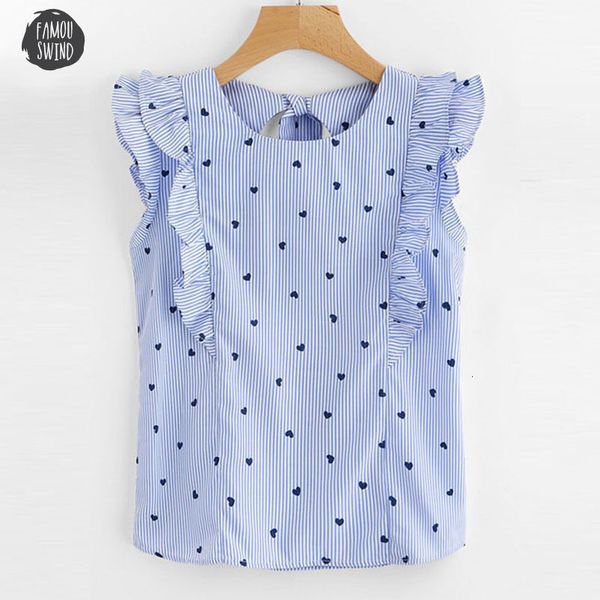 

slim trim blouse open back bow tie detail striped 2019 summer cap sleeve ruffle women blue round neck, White