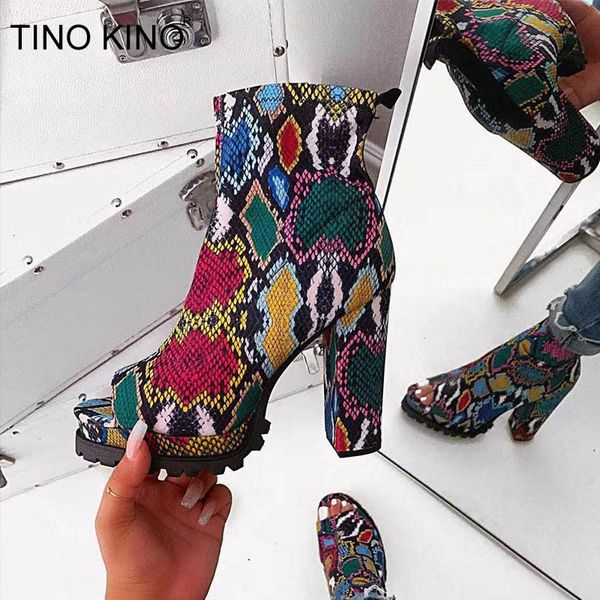 

women zip peep toe ankle boots spring 2020 new ladies snake pattern platform thick high heels female leopard fashion shoes, Black