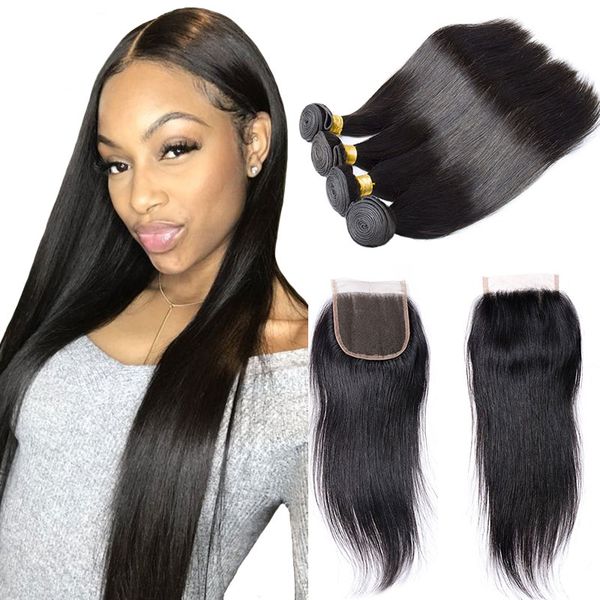 Straight Remy Human Hair Bundles With Closure Natural Black 7a