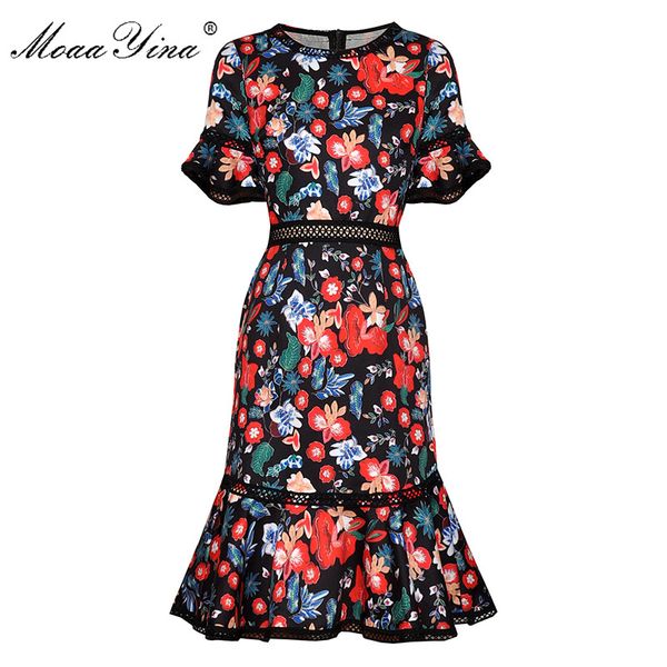 

casual dresses moaayina fashion designer dress summer women's flare sleeve floral-print package buttocks mermaid, Black;gray