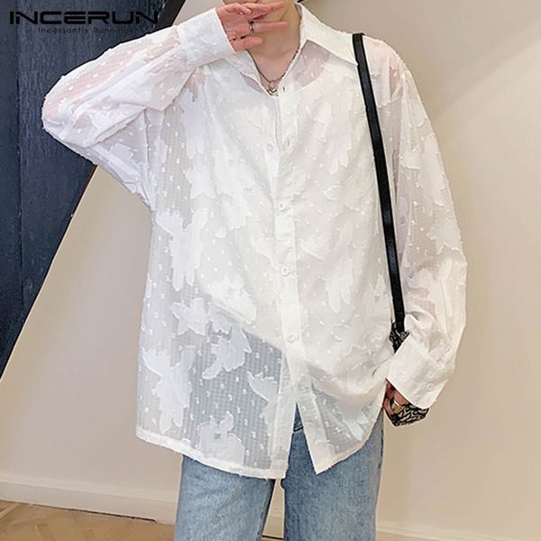 

men's casual shirts man fashion long sleeve lapel see through men summer mesh flower printed blusas breathable camisa plus size, White;black