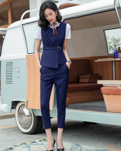 

formal ladies blue waistcoat &vest women business suits with pant and set work wear office uniform styles, White;black