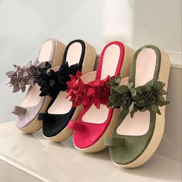 

women new slippers fashion mid heels large shoes women straw woven flowers sandals shoes ladies outdoor casual platform slippers, Black