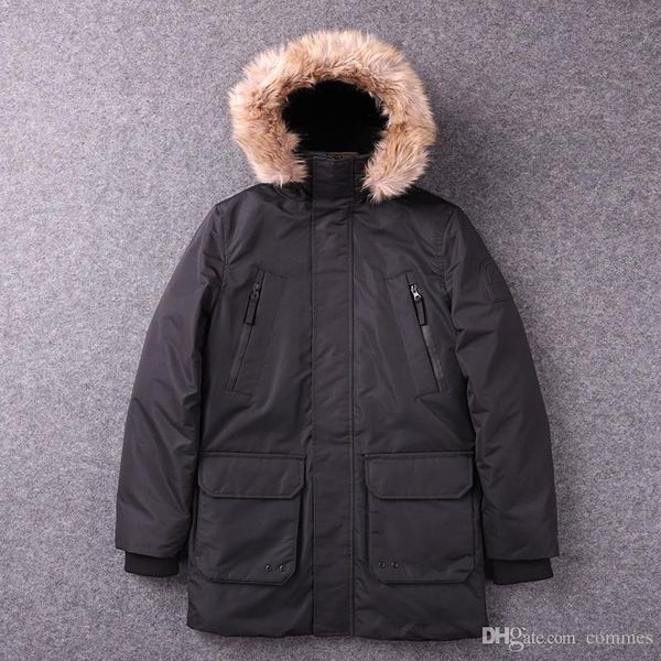 

mulit pockets panelled mens designer parkas fashion thick fur collar mens hooded parkas casual warm males clothing, Black