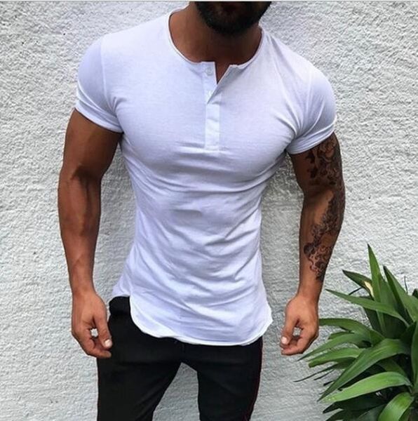 

new european and american open tube solid color slim shirt short sleeve men's t-shirt, White;black