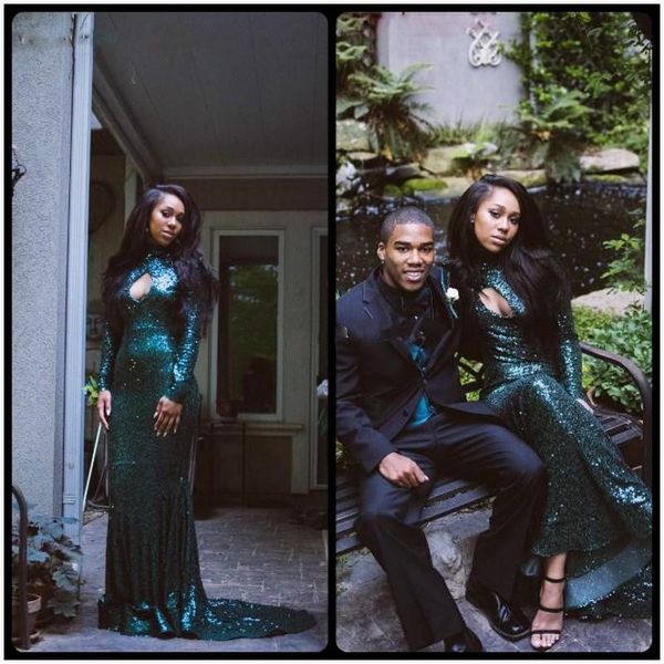 

2019 new emerad green mermaid african black girl prom dresses keyhole sequins lace evening party gowns vestidos robe de soiree