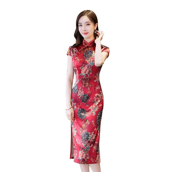 

shanghai story short sleeve chinese traditional dress floral cheongsam knee length silk qipao for women, Red