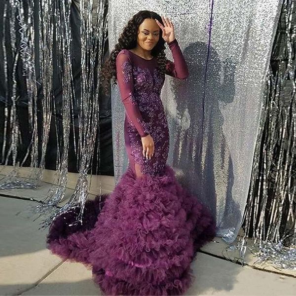 

african black girl prom dresses lace applique long sleeves backless formal evening gowns ruffles tiered tulle skirt party dress