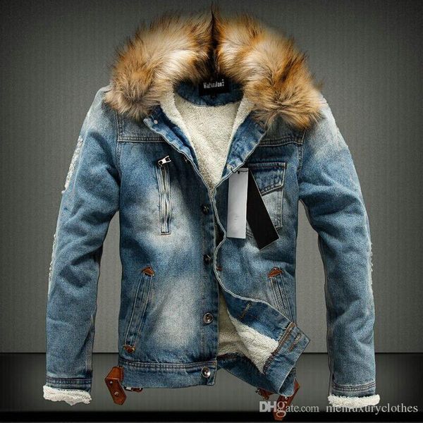 

mens jean winter thick jackets fur collar designer fleece warm snow windbreaker plus size jacket, Black;brown