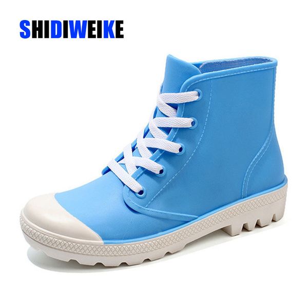 

2019 rain shoes women rain boots lace up rubber ladies flat casual platform ankle boots female solid fashion waterproof shoes, Black