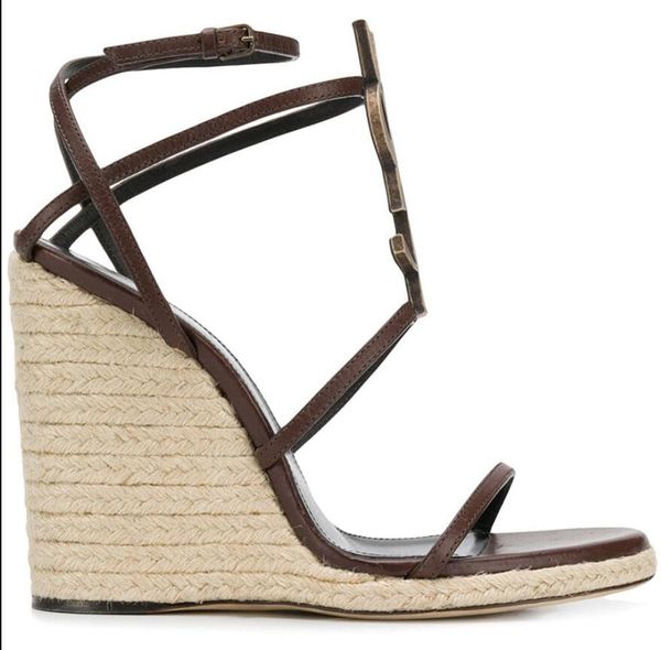 

2019 factory real leather bottom super beautiful small slope with leather letters copper buckle logo wedge sandals female, Black