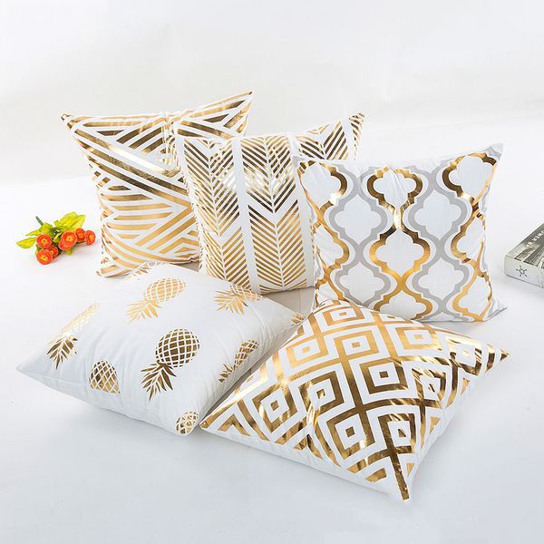 

2018 gold bronzing pillow cases luxury geometric pineapple cotton pillow case white bedroom home office decorative33
