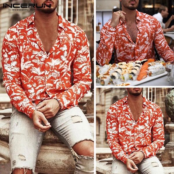 

incerun fashion tree printed men long sleeve casual lapel shirt vacation beach tropical hawaiian street button mens blouse, White;black