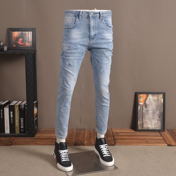 

ripped jeans men 2020 summer thin stretch denim regular ankle-length pants, Blue