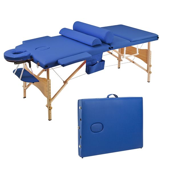 

waco massage table, 3 sections folding aluminum tube adjustable headrest, spa facial beauty body building salon furniture bed blue