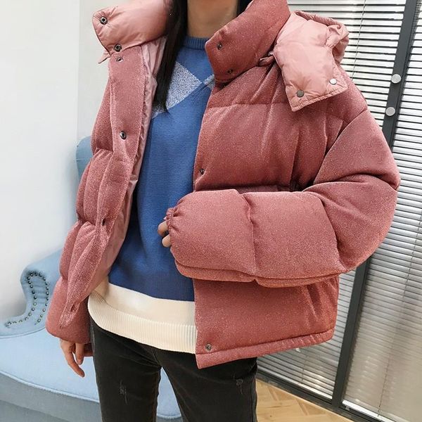 

2019 women hooded thickening jakcets outwear down warm coats short casual sweet pink bling parkas, Black
