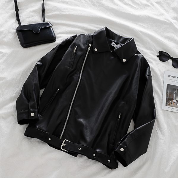 

ladies faux leather biker short black leather jacket women loose motorcycle jacket punk style casual pu coat zipper pocket