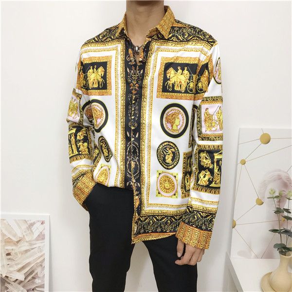 

новые мужские повседневные рубашки medusa gold цветочный принт мужская мода harajuku slim fit shirts мужская мода бизнес рубашки одежда, White;black