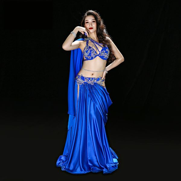 

rhinestone beading bra long placketing skirt cutout belly dance 2pcs set for women/female costume performance wears yc047, Black;red