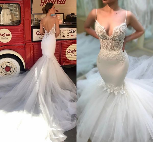 

2019 deep v neck straps spaghetti lace mermaid wedding dresses backless tulle long court train bridal gowns lace appliqued, White