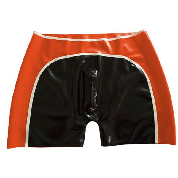 

latex underwear men boxer shorts orange white and black handsome shorts with zipper 0.4mm rubber, Black;white