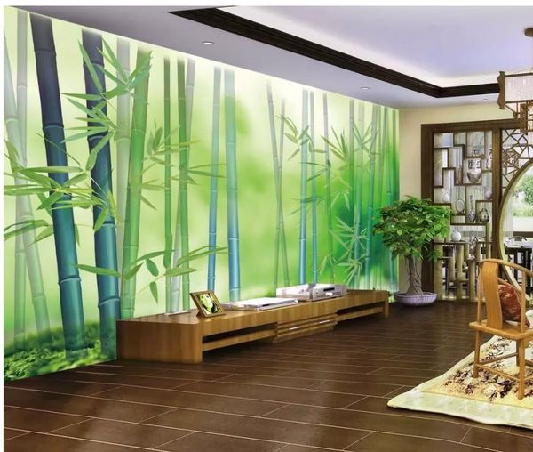 Carta da parati moderna del salone della parete di bambù verde semplice della foresta di bambù della foresta fresca del fondo