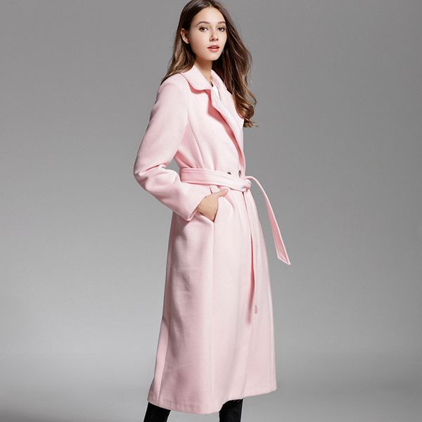

office lady slim long winter fashion wool coats double breasted wool blend coat and jacket sashes solid coat femenino, Black