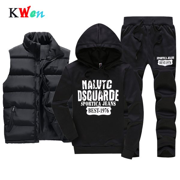 

sporting track suit winter thicken warm tracksuit men 3 pieces fur hooded fleece hoodies+zipper vest+sweatpants male coat jacket, Gray