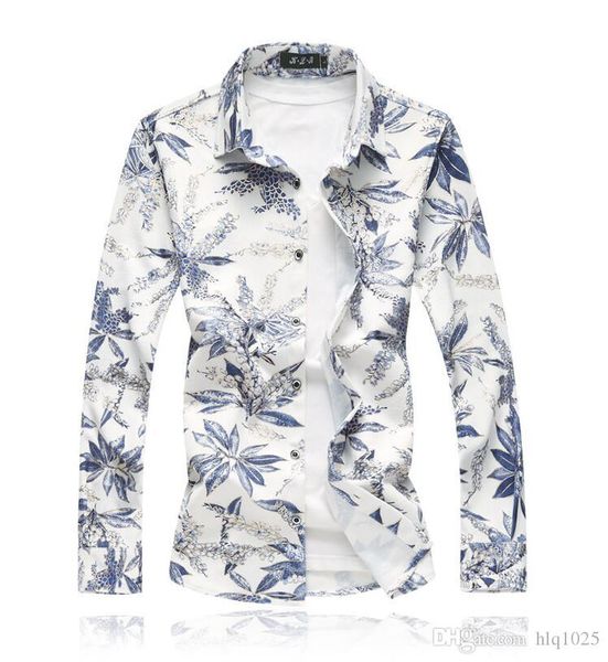 

горячие продажи осень повседневные рубашки для мужчин мода квадратный воротник с длинным рукавом цветочный принт рубашки размер -7xl, White;black