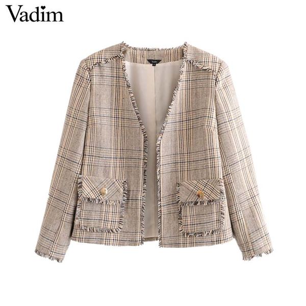 

vadim women fashion tweed jacket houndstooth tassel patchwork pockets long sleeve coats female outwear elegant sweet ca579, Black;brown
