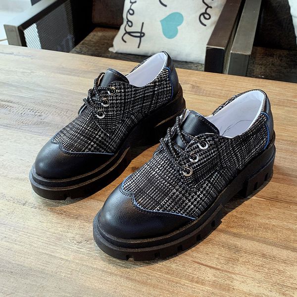 

women shoes net red low-heeled single shoes female 2020 autumn winter thick bottom plaid fabric stitching small leather shoes, Black