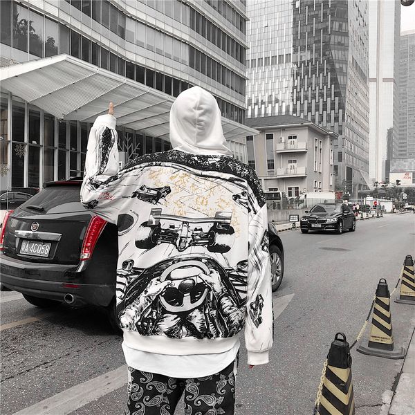 

последний картридер мультфильм печати черно-белый с мужчинами и женщинами с возлюбленными снаряжение капюшоном хип-хоп флис, Black