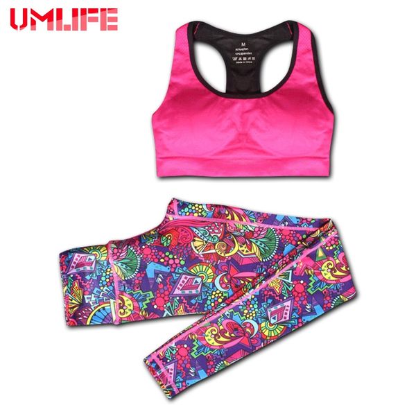 

umlife new sport suit women sports bra and printed leggings yoga set gym fitness running sportswear elastic workout clothes, White;red