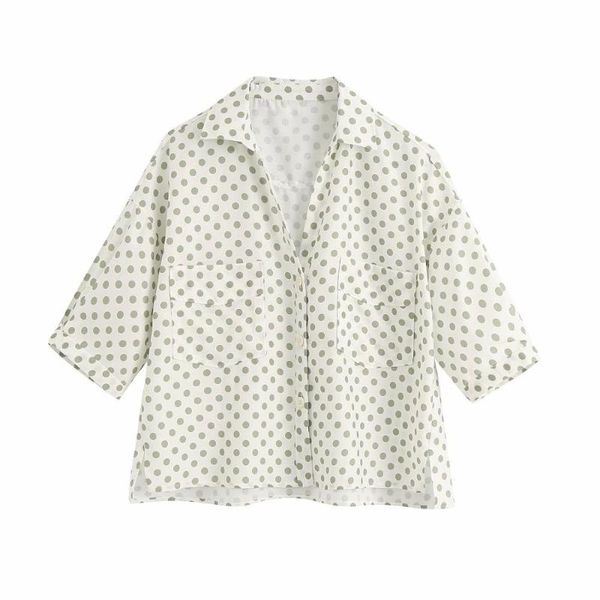 

flabbit new women vintage turn down collar short sleeve casual smock blouse ladies polka dots print linen shirts lx1103, White