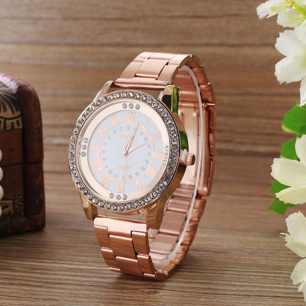 

fashion couple watch women's rhinestone roman numerals alloy band clock round analog quartz watch rose gold wrist, Slivery;brown