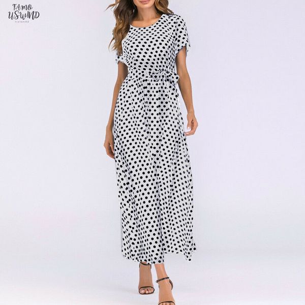 

2020 summer dress o neck short sleeve boho polka dot bandage maxi long dress beach sundress plus size vestidos, Black;gray