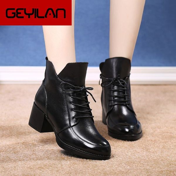 

2019 fashion genuine leather ankle boots women winter fur warm boots black thick high heel leather boot shoes