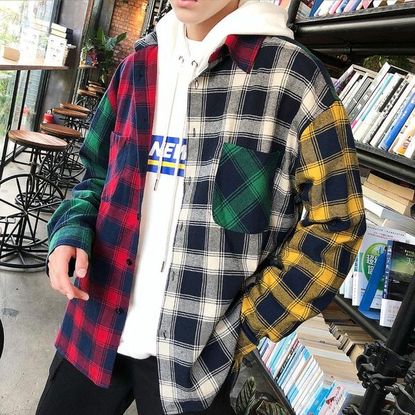 

new korean fashion long jacket flannel mens sleeve shirts kpop 100% hip loose male plaid cotton shirts hop streetwear nmlah, Black