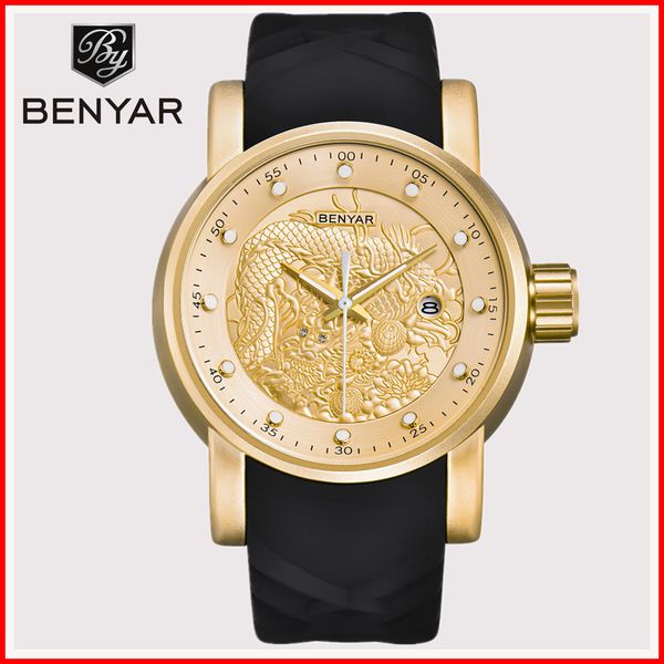 

reloj hombre 2019 benyar watches men waterproof chinese dragon quartz watch relogio masculino zegarek damski by5115, Slivery;brown