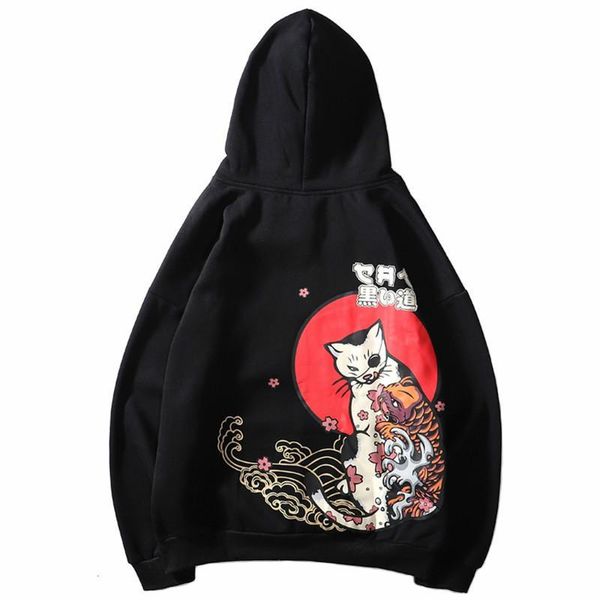 

sifan 2019 hip hop hoodie sweatshirt men japanese ukiyo e cat hoodie harajuku streetwear hoodie pullover cotton fleece winter autumn, Black