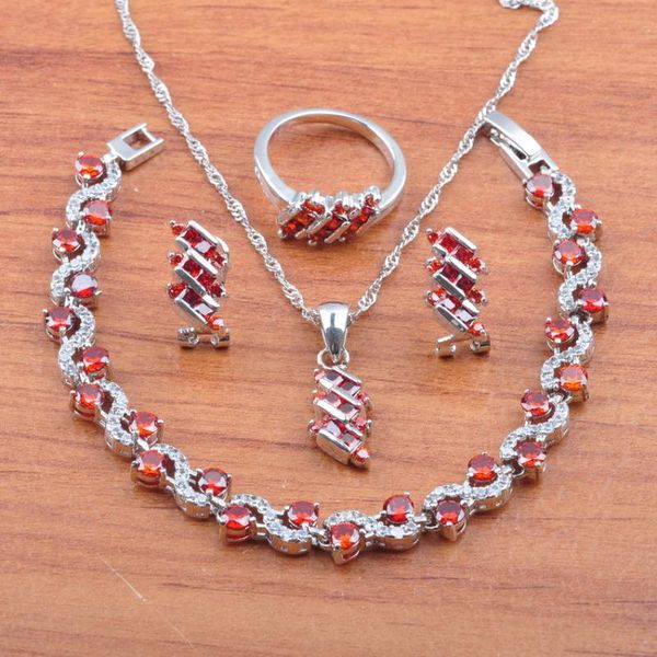 

925 sterling silver jewelry set gift red zirconia for women earrings necklace pendant rings bracelet set js0544, Slivery;golden
