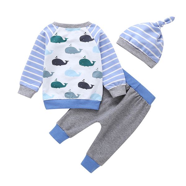 

cute fashion baby soft warm outfits newborn baby girl boy autumn winter long sleeve sweater set three-piece whale set clothes, White