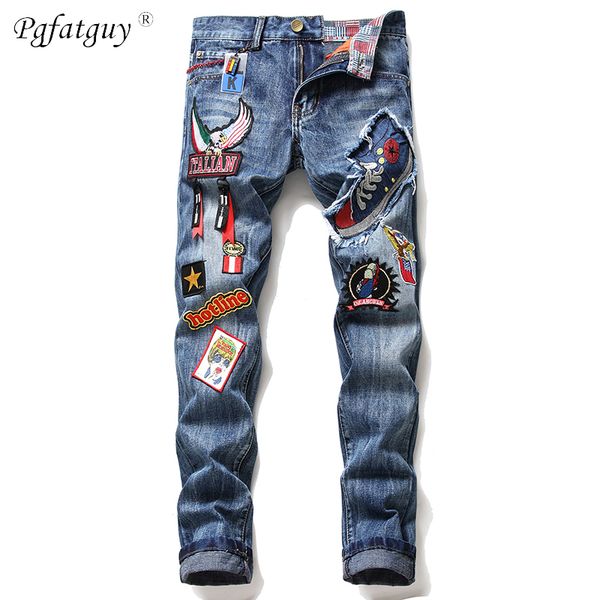 

new mens holes frayed jeans hip ripped embroidery flag eagle badge paint jeans slim streetwear distressed moto biker, Blue