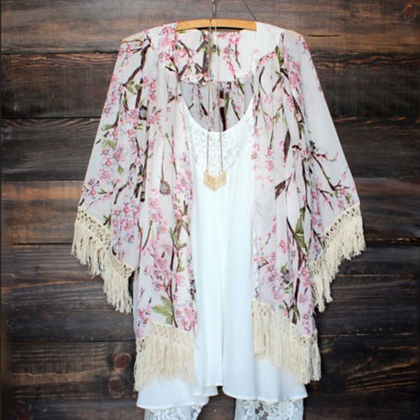 

fashion women floral print chiffon vintage tassel kaftan cardigan blouse beach cover up dress lace kimono shirt, Black;brown