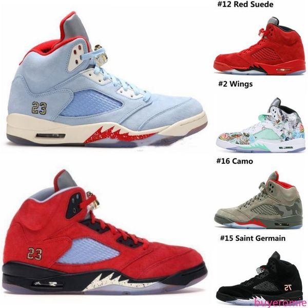 

2019 mens 5 basketball shoes new trophy room x ice blue jsp red camo seme black olympic gold blue suede designer sneakers